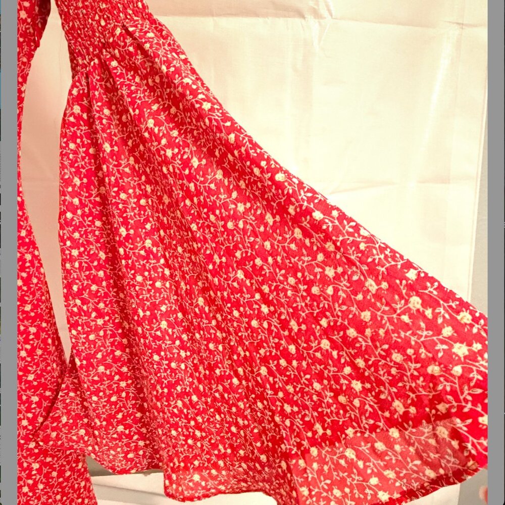 Vici Collection "Desiree" Red/Orange Floral Bell Sleeve Tie-Front Dress - Picture 4 of 13